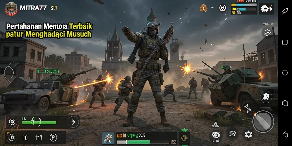 Screenshot gameplay MITRA77 menunjukkan aksi menegangkan tower defense.