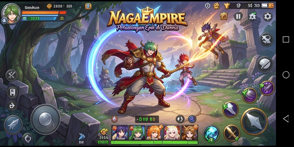 Screenshot gameplay NAGAEMPIRE yang menunjukkan pertarungan epik dan karakter menarik.